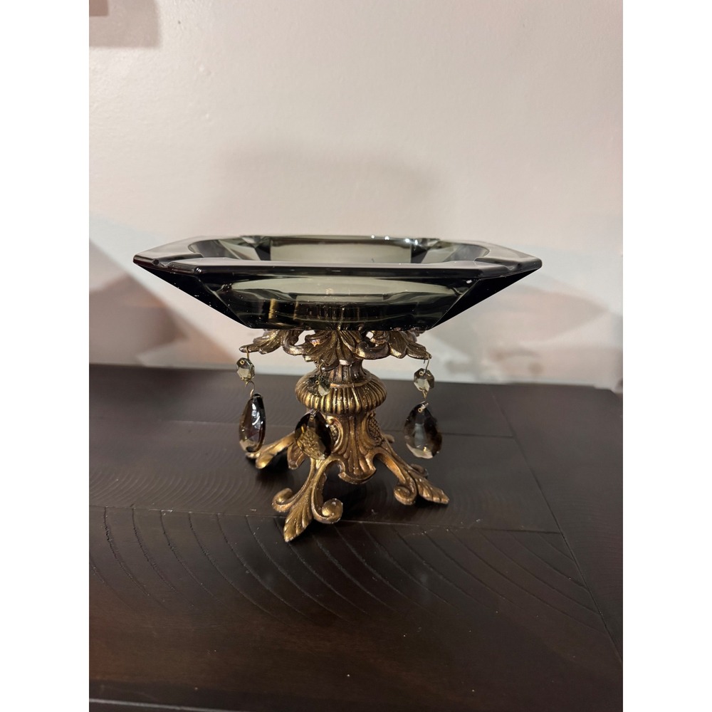 Vintage Hollywood Regency Smoke Glass Ashtray Brass Pedestal Base Crystal Prisms